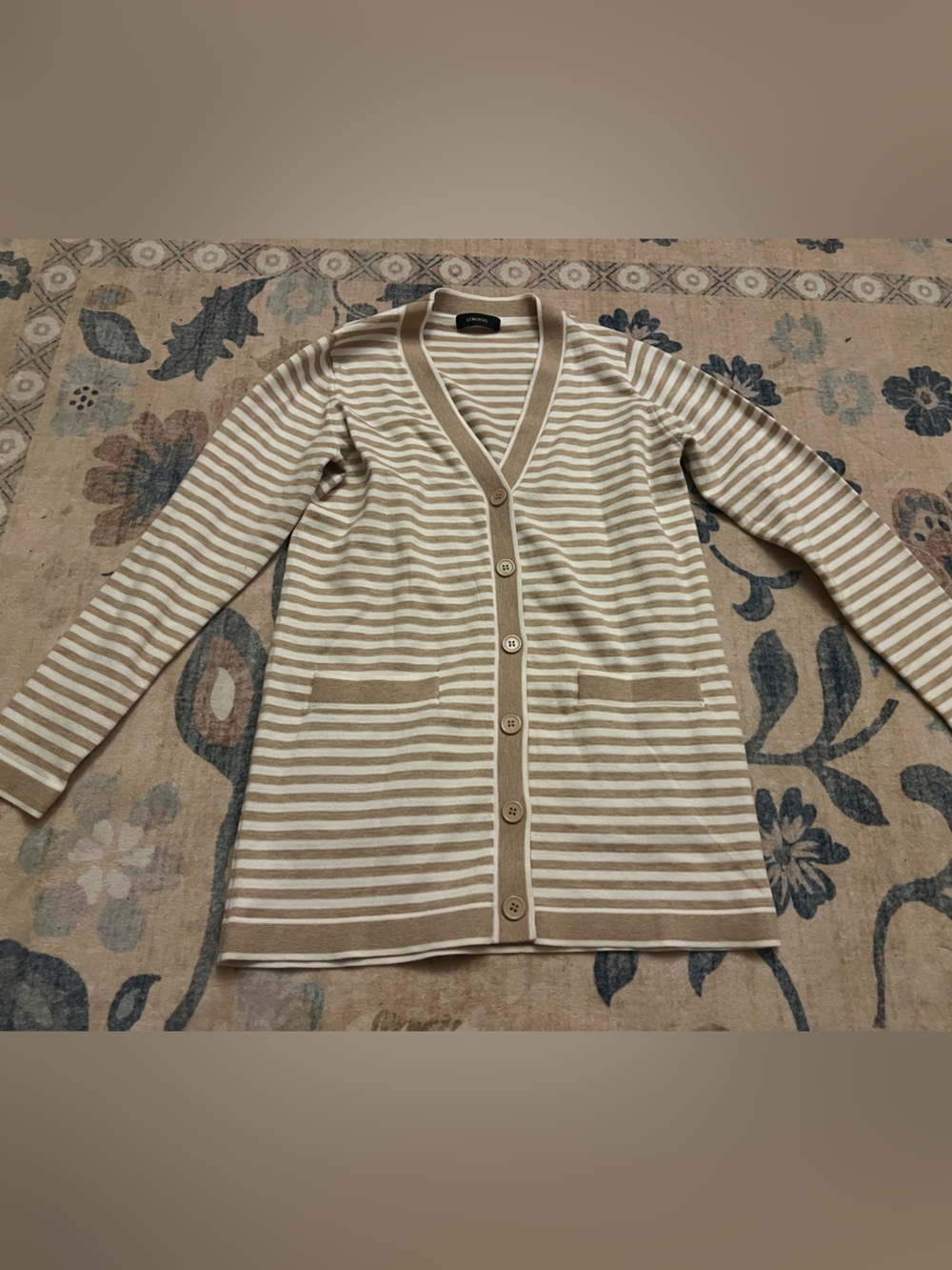 New Striped Button-Front Cardigan in Beige and White